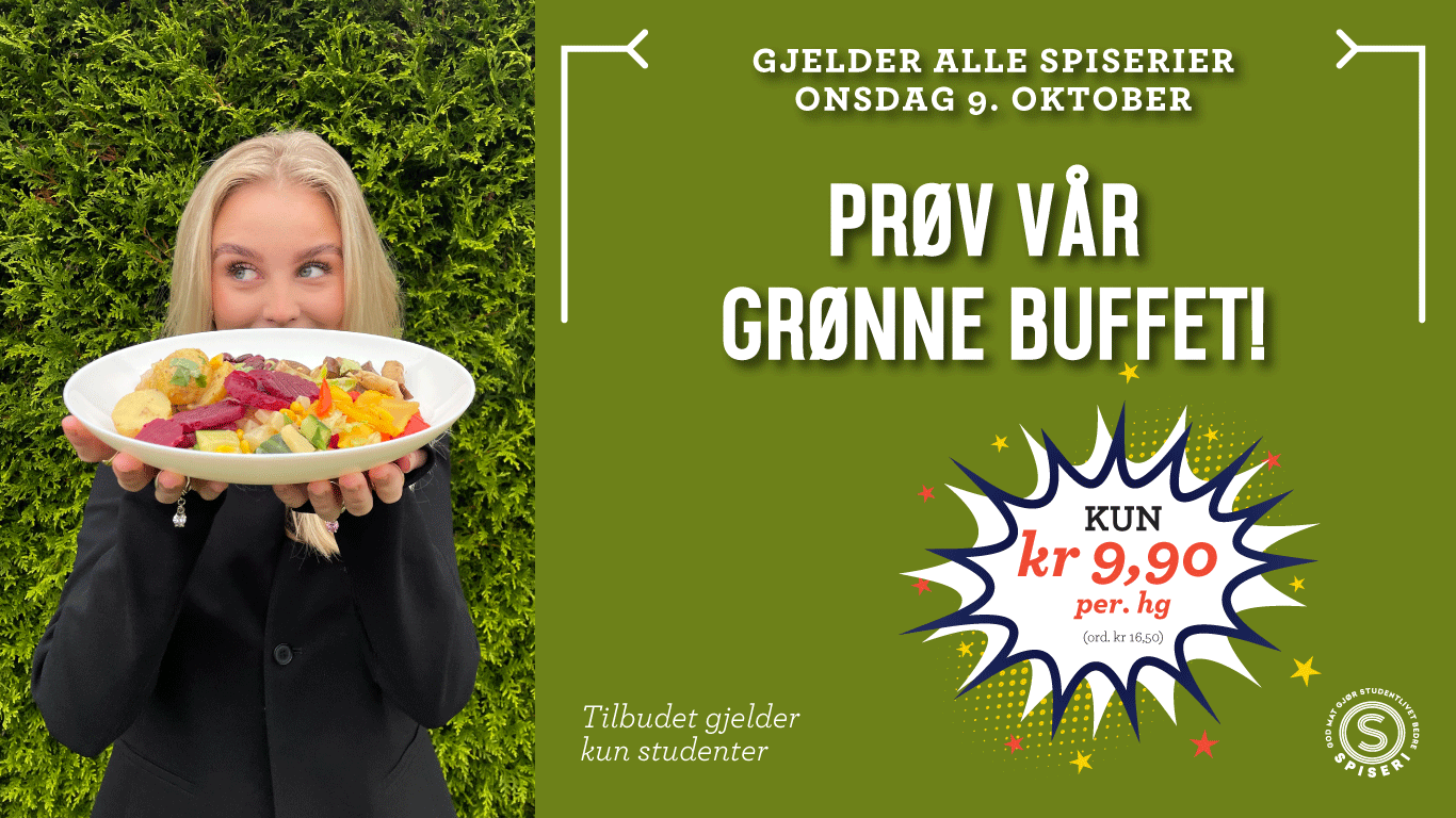 Jente holder tallerken med mat. Plakat ved siden av som reklamerer for gronn buffet