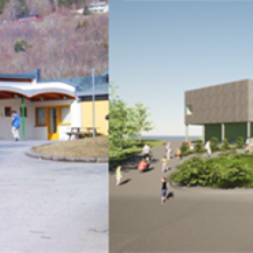 Bilde som viser gammel og ny skole i Ålesund 