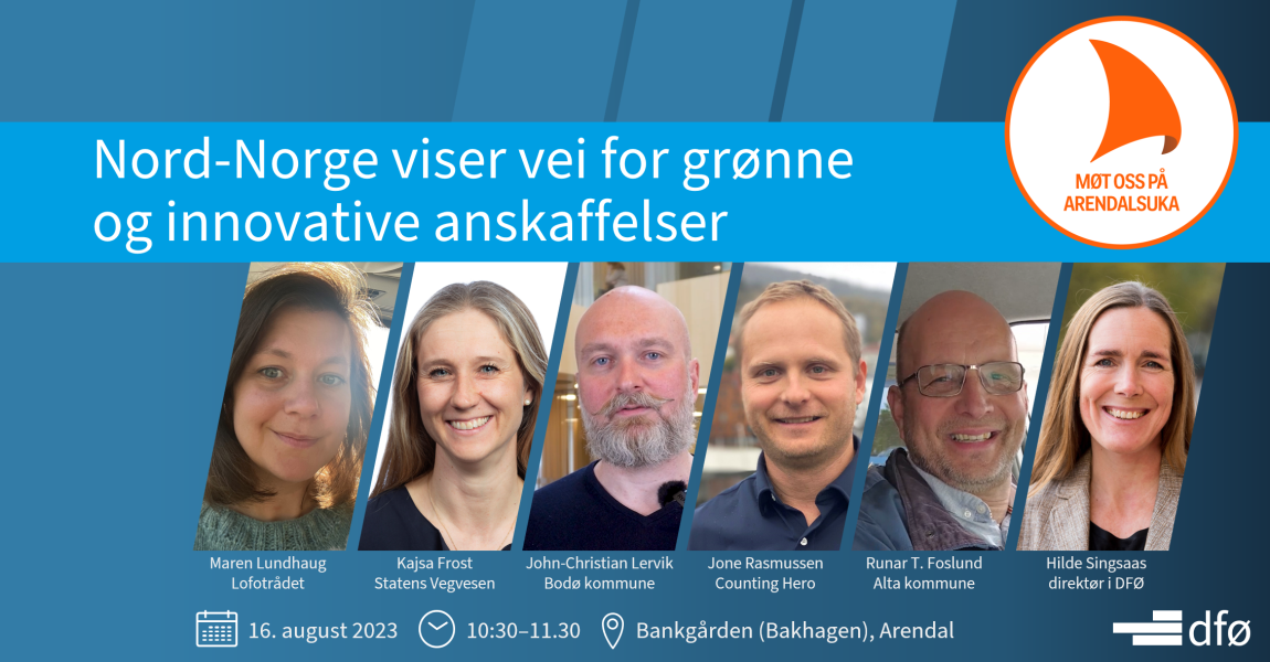 Plakat for Arendalsuka 2023 med portretter av foredragsholdere og teksten "Nord-Norge viser vei for grønne og innovative anskaffelser"
